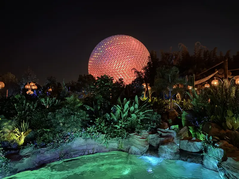 Spaceship Earth at EPCOT lit up at night