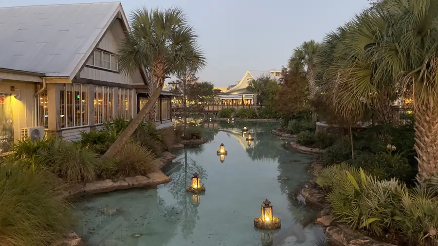 Floating lanterns on the canal at Disney Springs at dusk
